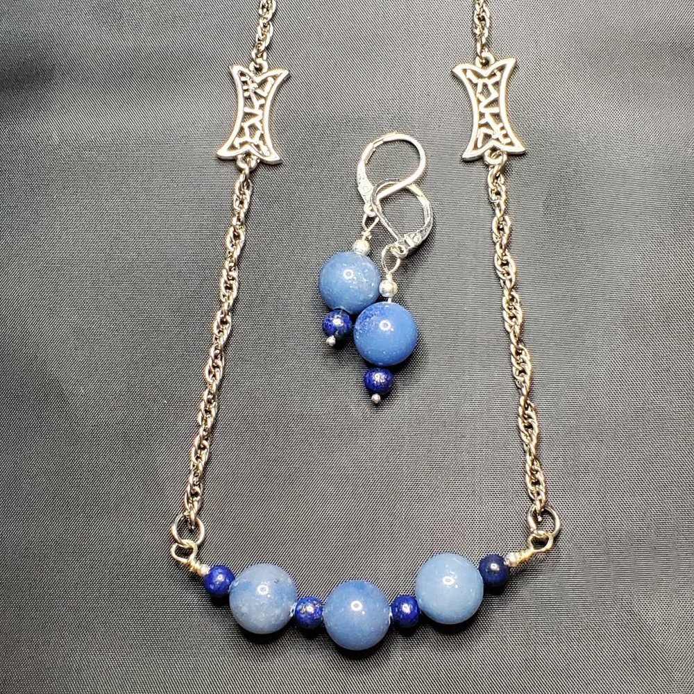 Handcrafted Genuine Aventurine, Lapis, silver Necklace and Earring Set